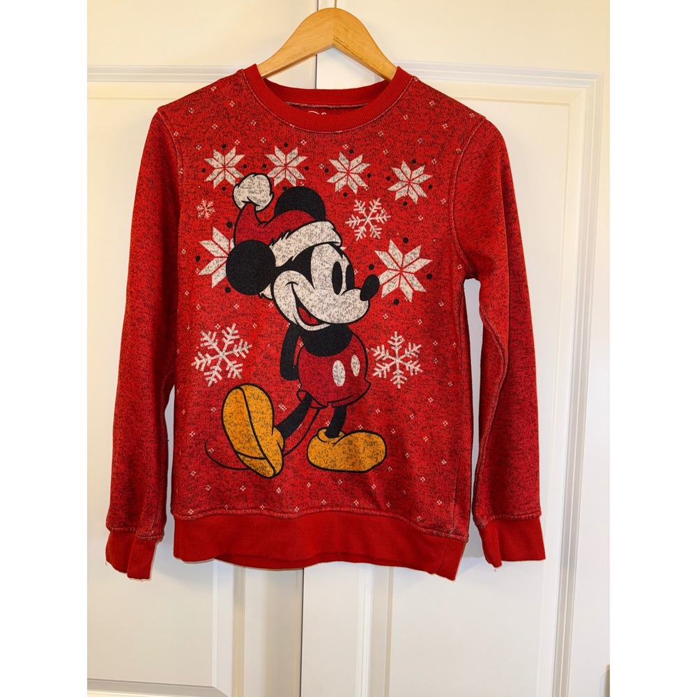 Disney Mickey Mouse Red Christmas Snowflake Ugly Sweater Kids Size L Long Sleeve